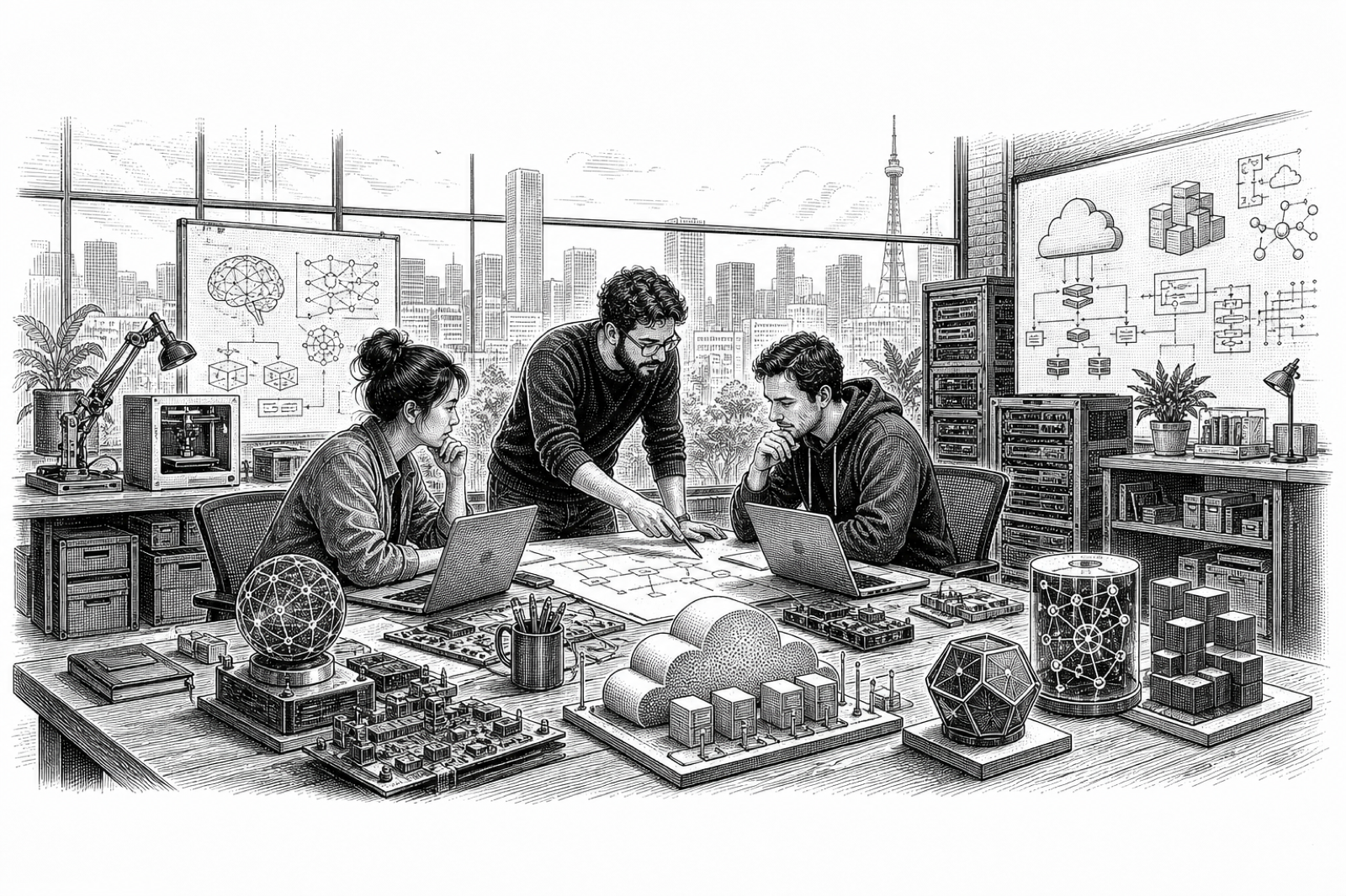Black and white illustration of a software team building AI, cloud, and developer products in a laboratory